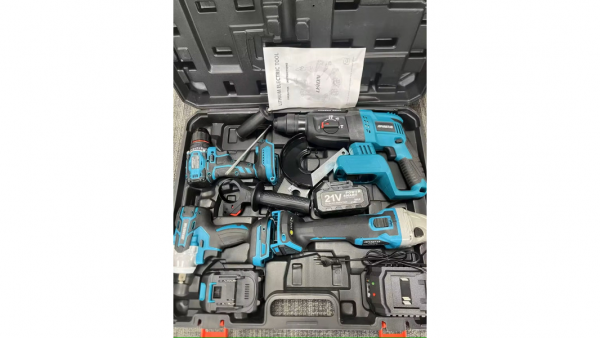 4 в 1 Акумулаторен гайковерт, винтоверт, ъглошлайф 125мм и перфоратор + 2х Батерии и куфар