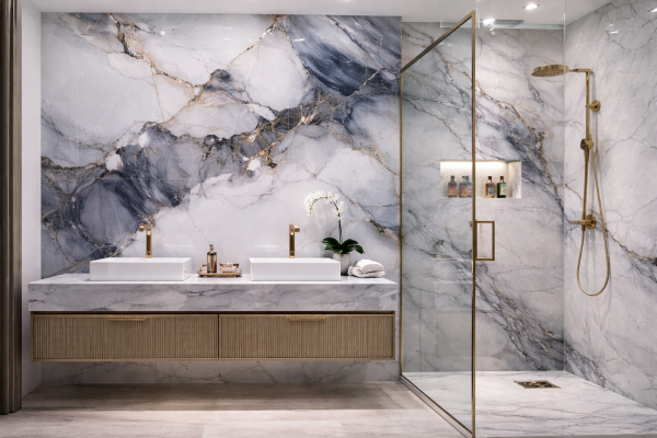 PVC стенни панели модел INTER 44 – мраморен ефект в бяло, синьо и златно, комплект 3 бр.